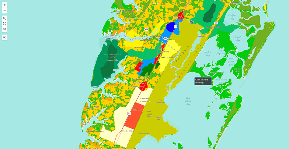 Mapa verde con océano azul en ArcGIS GeoPlanner que muestra vegetación superpuesta, hidrología y cuencas visuales con información de uso del suelo