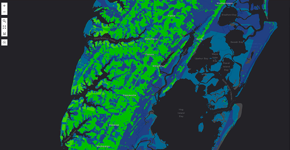 Mapa digital azul y verde visualizado en ArcGIS GeoPlanner