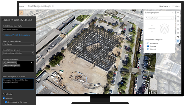 Pantalla de escritorio de un proyecto de imágenes de una obra de construcción con un modelo BIM y opciones para compartir con ArcGIS Online en una barra lateral 