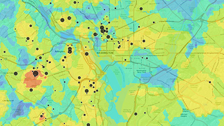 Mapa general con áreas marcadas en diferentes colores y puntos negros en otras ubicaciones
