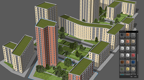 Modelo 3D de una manzana de una ciudad llena de rascacielos imponentes con arquitectura paisajística verde detallada entre cada estructura y sobre ella 
