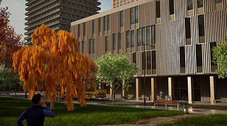 Modelo 3D detallados de un moderno edificio de oficinas marrón rodeado por árboles frondosos en verde y marrón