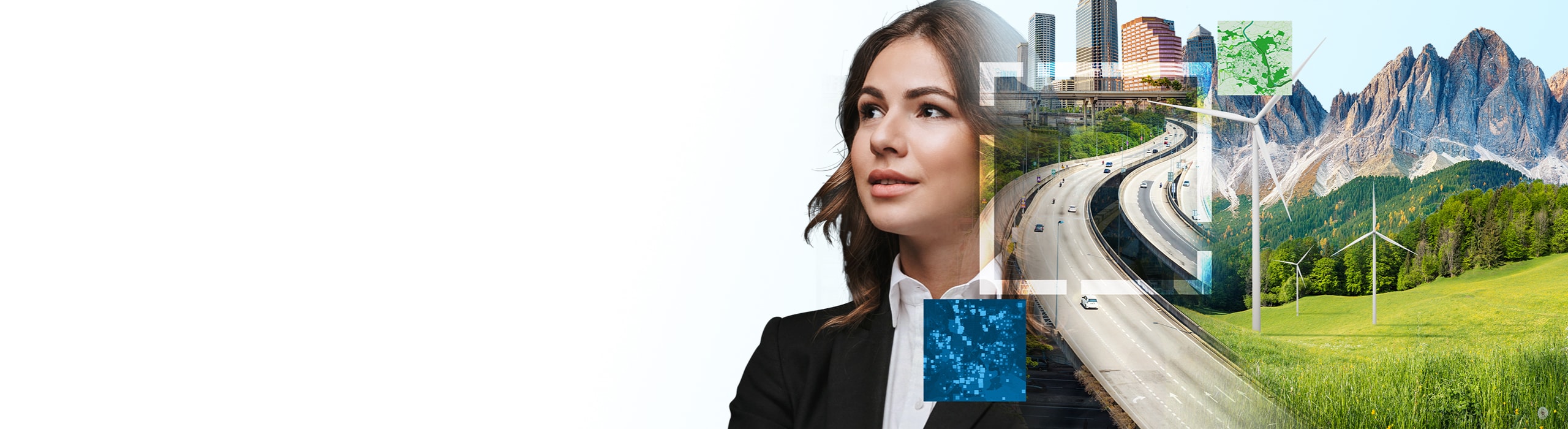 Smiling woman, infrastructure including skyscrapers and highways, a map with green areas and map with blue squares