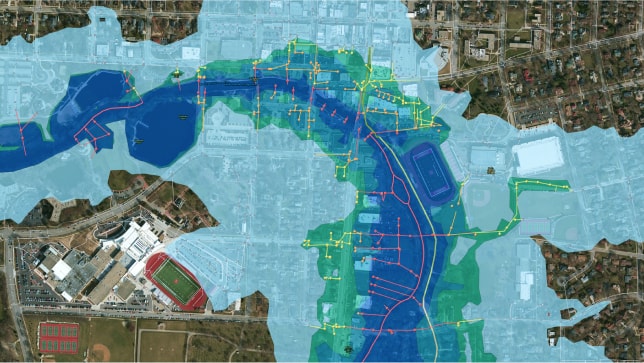 Map of a developed area with blue shading 