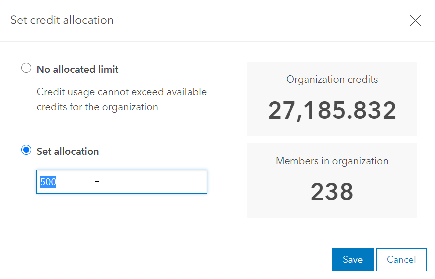 set credit allocation ArcGIS Online